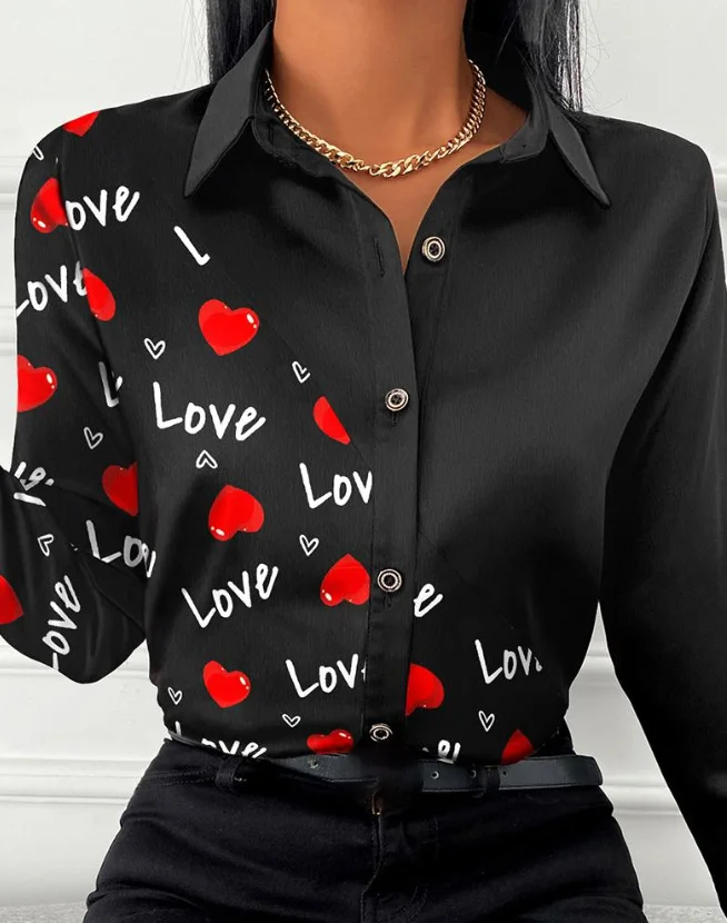 New Valentine's Day Heart Shaped Letter Printed Button Top Hot Selling Fashion Single Breasted Long Sleeved Shirt