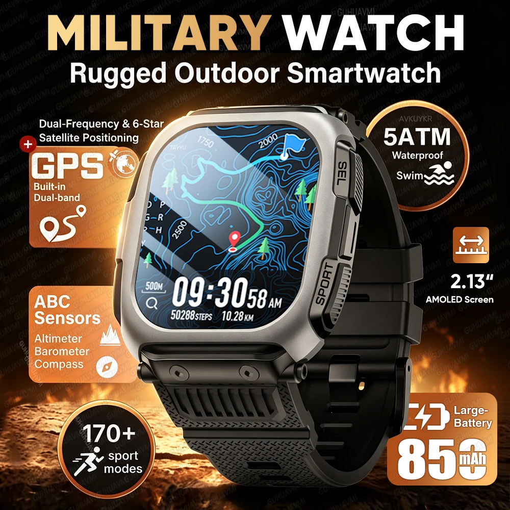 2026 New GPS Map Military Smart Watch For Men 5ATM Waterproof Fitness Tracker Bluetooth Call Outdoor Tactical Rugged Smartwatch