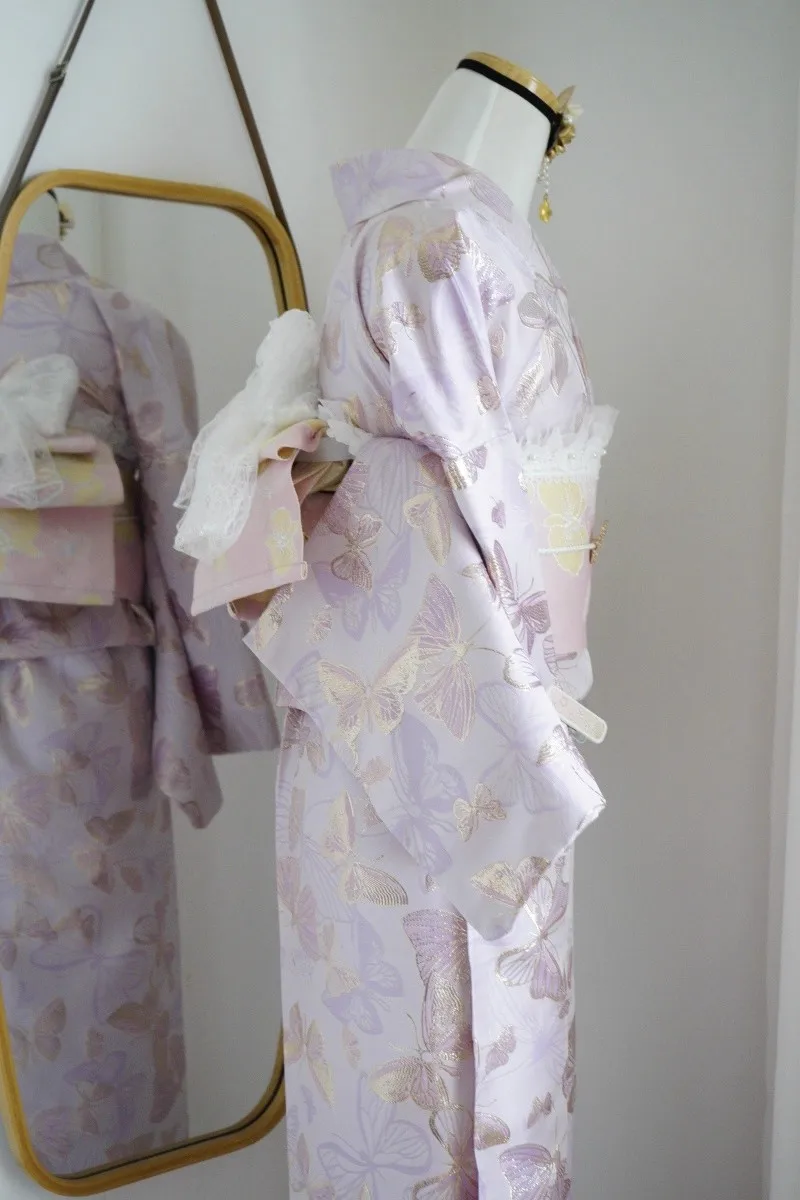 Women's Komon Kimono: Double-Layer Yarn-Dyed Jacquard Satin with Painterly Embossed Effect & Metallic Gold Threads