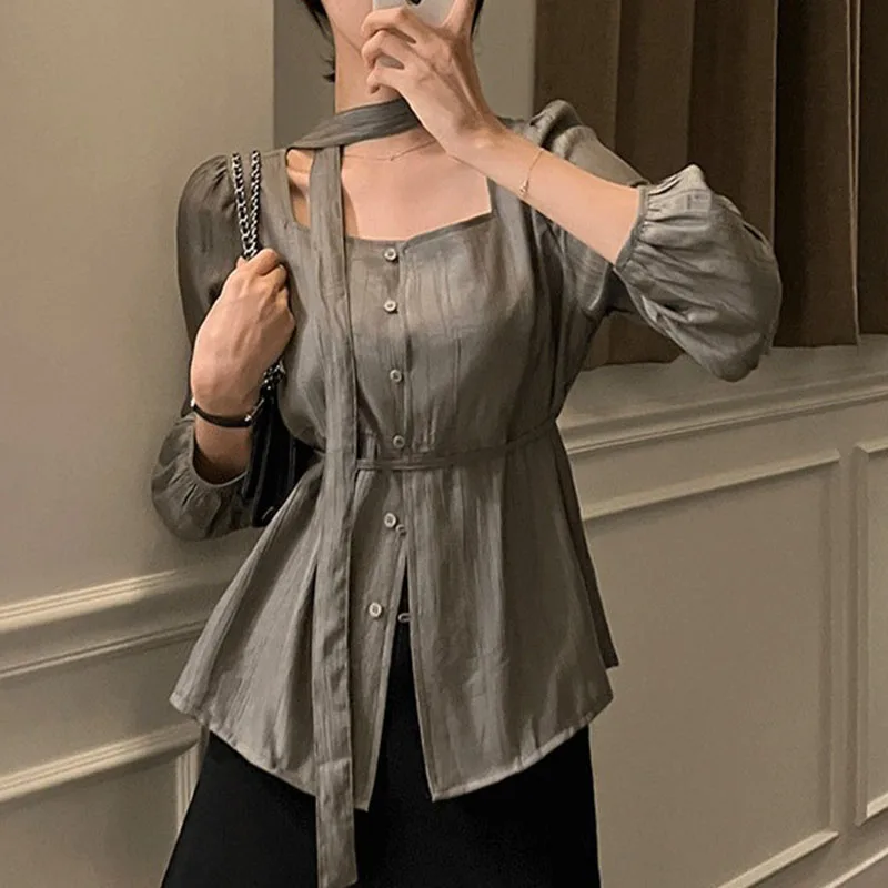 เสื้อเชิ้ตผู้หญิงแขนยาวผูกเชือก คอเหลี่ยม กระดุมแถวเดียว สีพื้น เรียบหรู ดูดี มีสไตล์ สำหรับฤดูใบไม้ผลิและฤดูใบไม้ร่วง