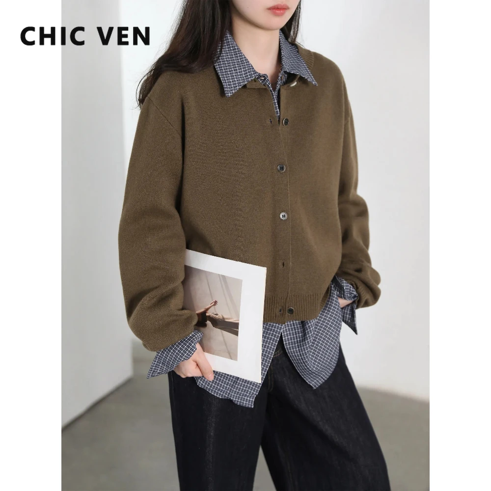 

CHIC VEN New Women Cardigan Solid Single-breasted Loose Short Round Neck Off Shoulder Female Sweater Soft Autumn Winter 2025