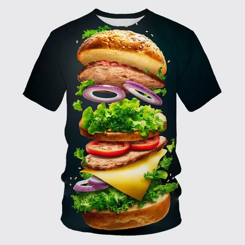 New Men's And Women's Children's Fun Food 3d Customized T-shirt Casual Burger Pizza Pattern Breathable Lightweight Sports Top