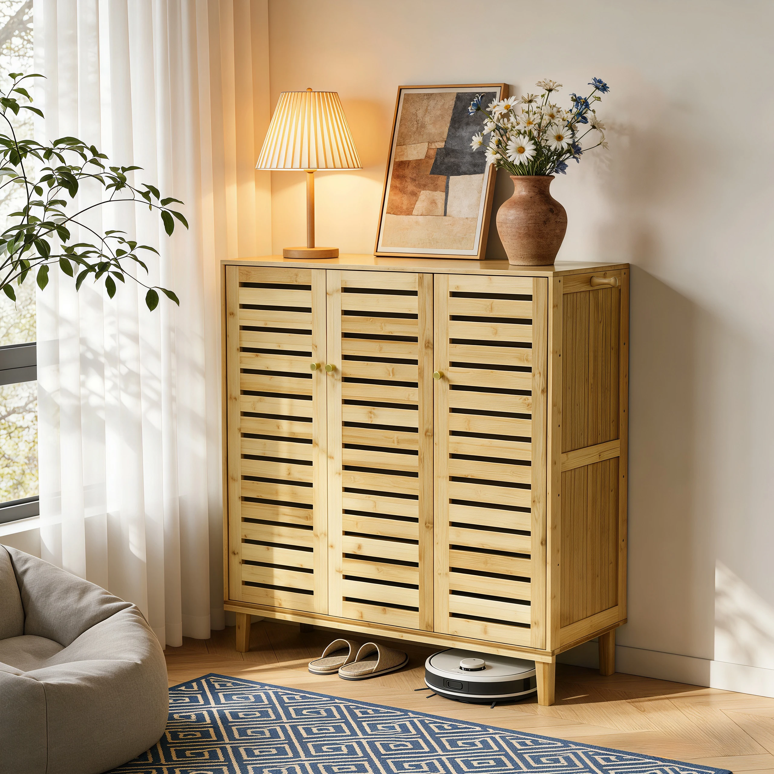Bamboo Shoe Storage Cabinet with Slatted Doors, 5-Tier Wooden Shoe Organizer Cupboard for Entryway Hallway, Freestanding Large Shoe Rack with Side Hooks & Magnetic Closure