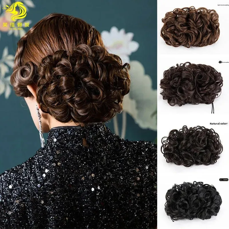 Peluca rizada de pelo de estilo nocturno de Shanghai, pinza para el pelo, gorro de fibra asiática, banda para el pelo, accesorios para el cabello de seda para edredón largo Tang