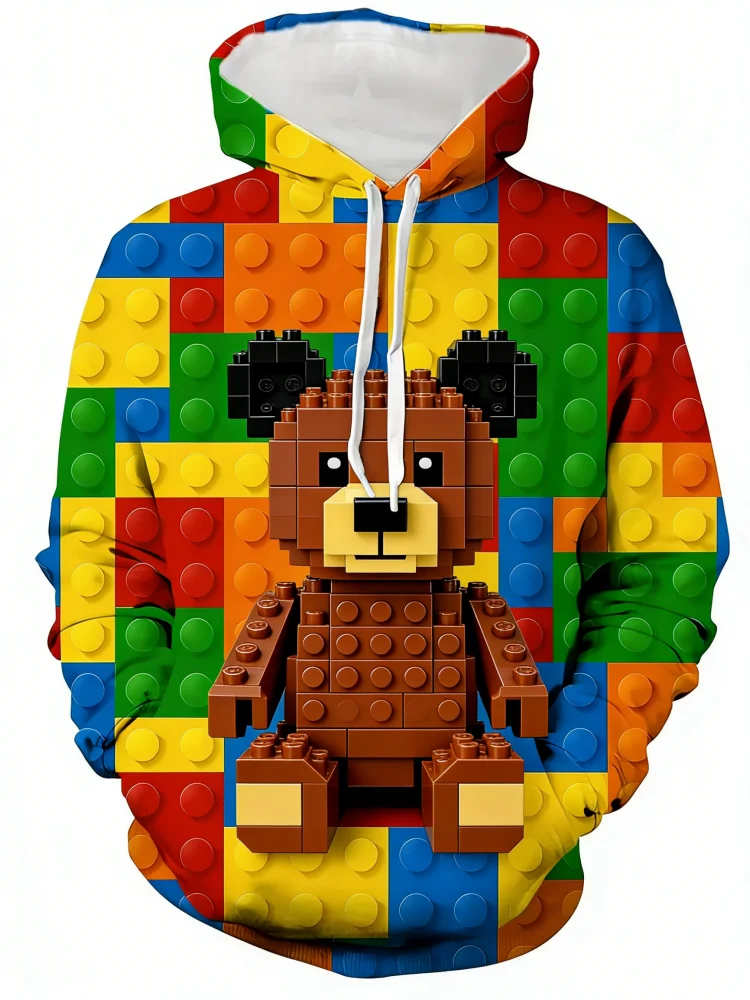 

2026 New Building Blocks Pattern Hoodies 3D Printed Colorful Long Sleeve Pullover Daily Casual Hooded Sweatshirt Fashion Clothes