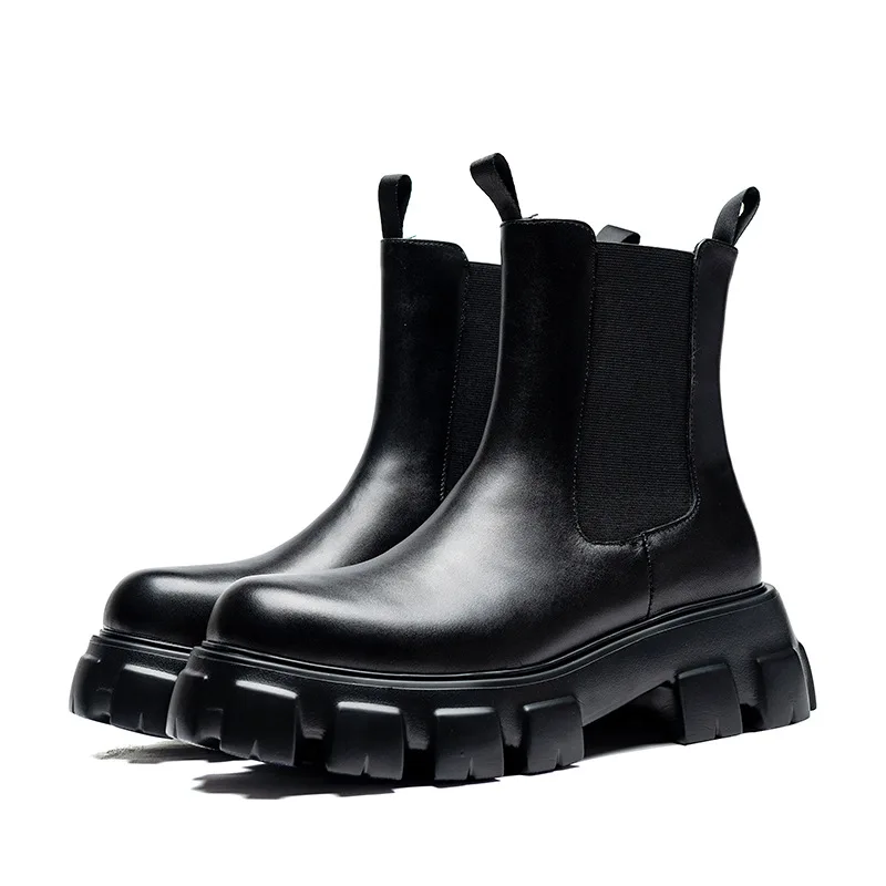 Men's Black Chunky Lug‑Sole Boots Elastic Side Round Toe Platform Leather Booties