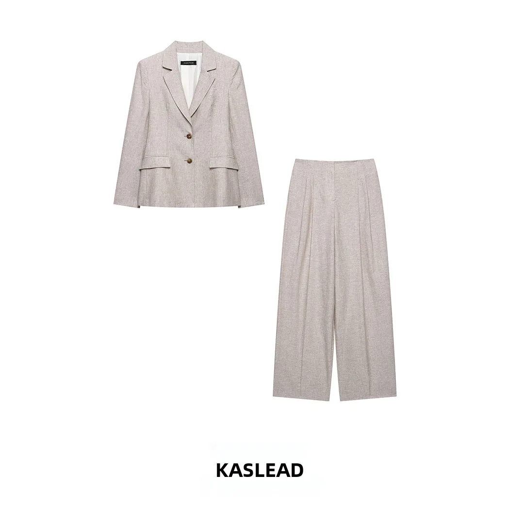 KASLEAD New Women's Fashion Mixed Fabric Folded Suit Jacket Long Pants Two-Piece Set Summer Collection Regular Sleeve Length