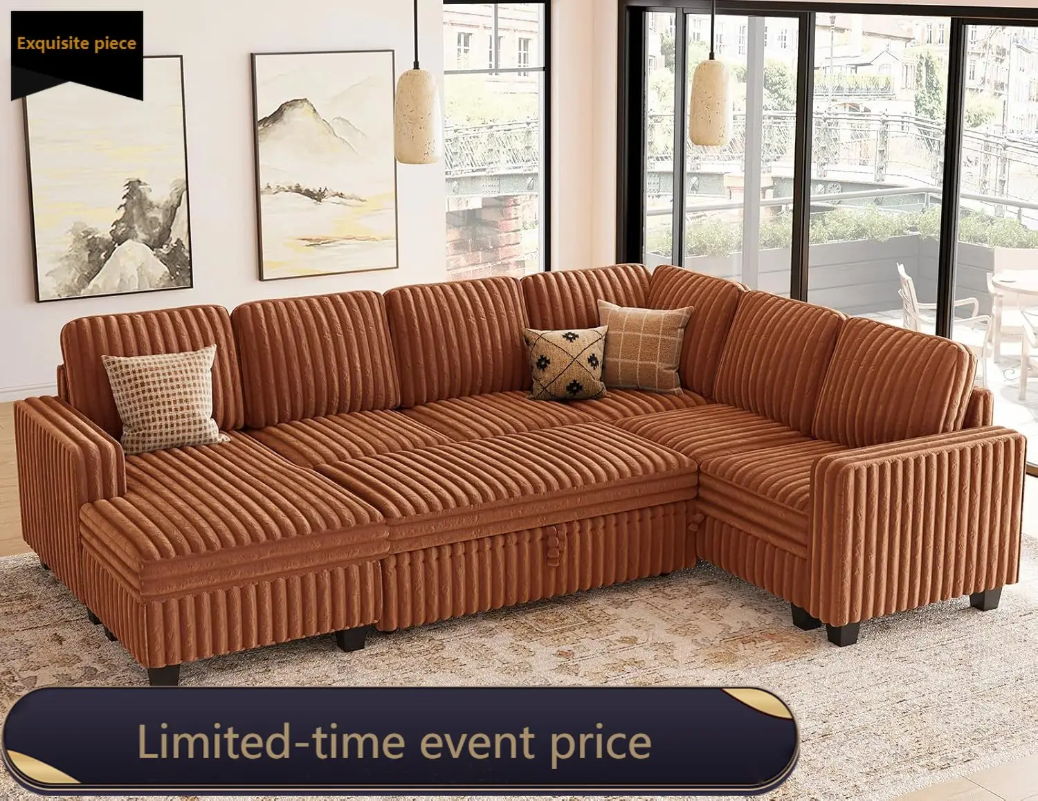 

Corduroy Sleeper Sofa Bed with Storage Chaise Modular Sectional Couch with Pull Out Bed L Shaped Living Room