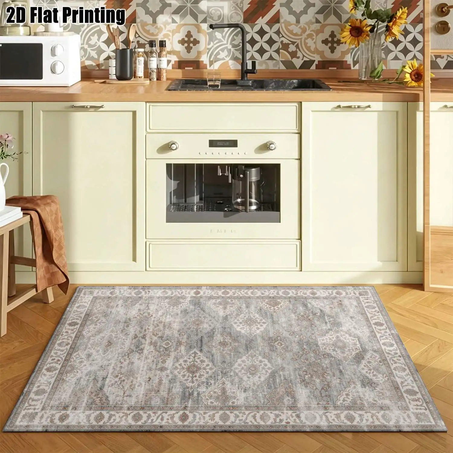 1Pc 2D Printed Carpet: Blue-Grey Retro Floral, European/Vintage/Geometric/Bohemian Style Machine Washable, Multi-Size, Ideal for Home Decor, Entryway/Living Room/Bedroom/Dining Room/Foyer.