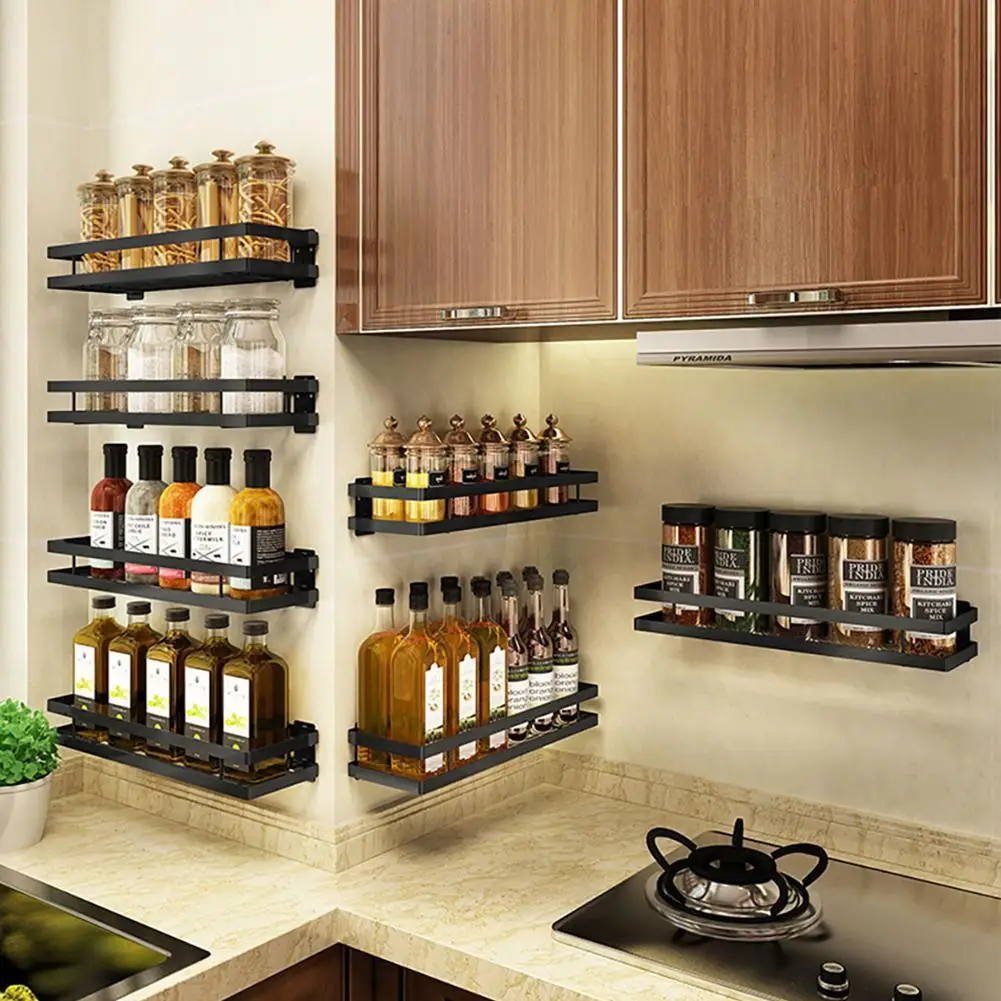 Kitchen Storage Shelf Wall-mounted Spice Rack Space Punch-free Multifunctional Kitchen Shelf Household Items Kitchen Organizer