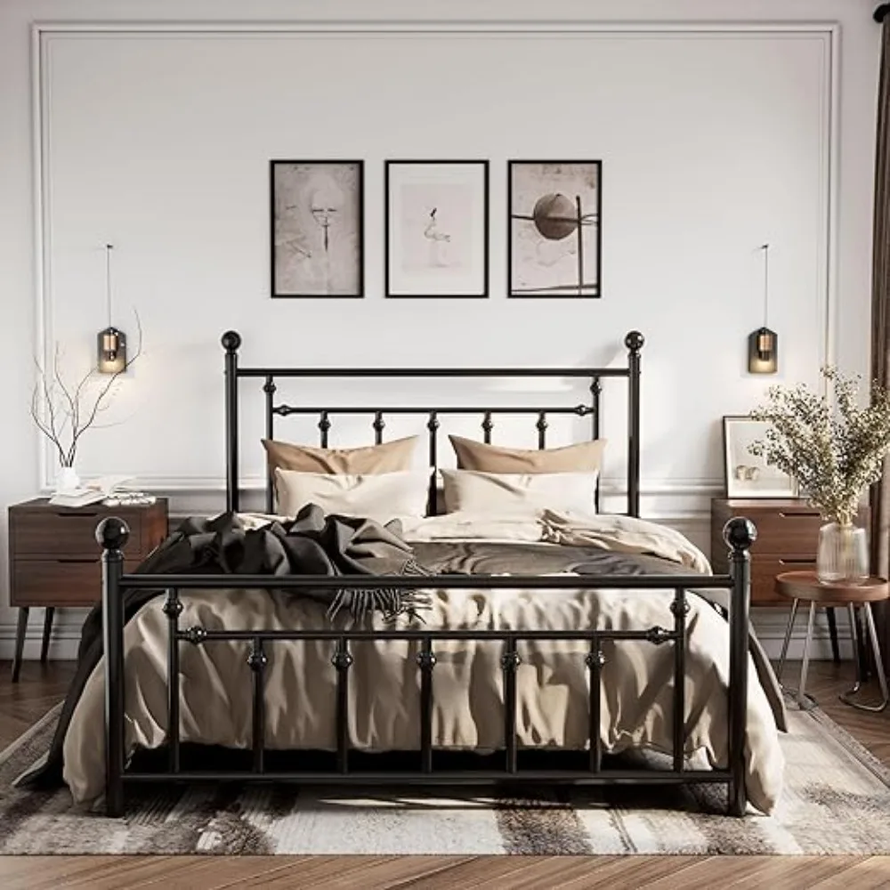 Metal Platform Bed Frame/Victorian Headboard and Footboard/Steel Slats Mattress Foundation for Storage