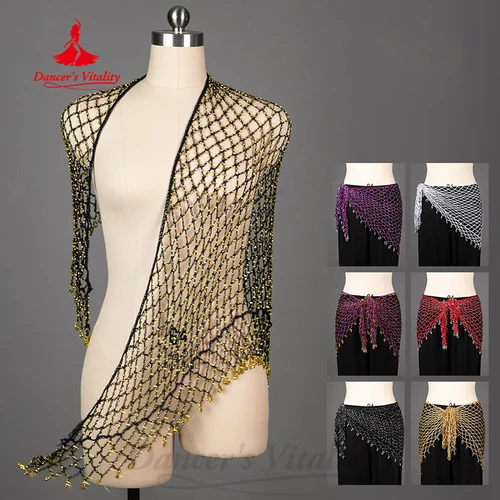 Imagen 2 del producto Cadena de cintura para danza del vientre, tejido hecho a mano, cuentas plateadas/doradas, bufanda triangular versátil para cadera, cinturón de accesorios para actuación de bailarina del vientre