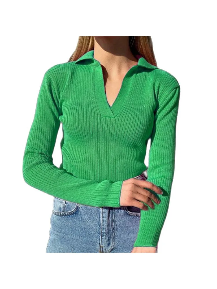 Casual Knitted Sweater Pullover Basic V Neck Long Sleeve Slim Fit T-shirt Female Autumn Winter Jumpers Top Y2K Women Clothes