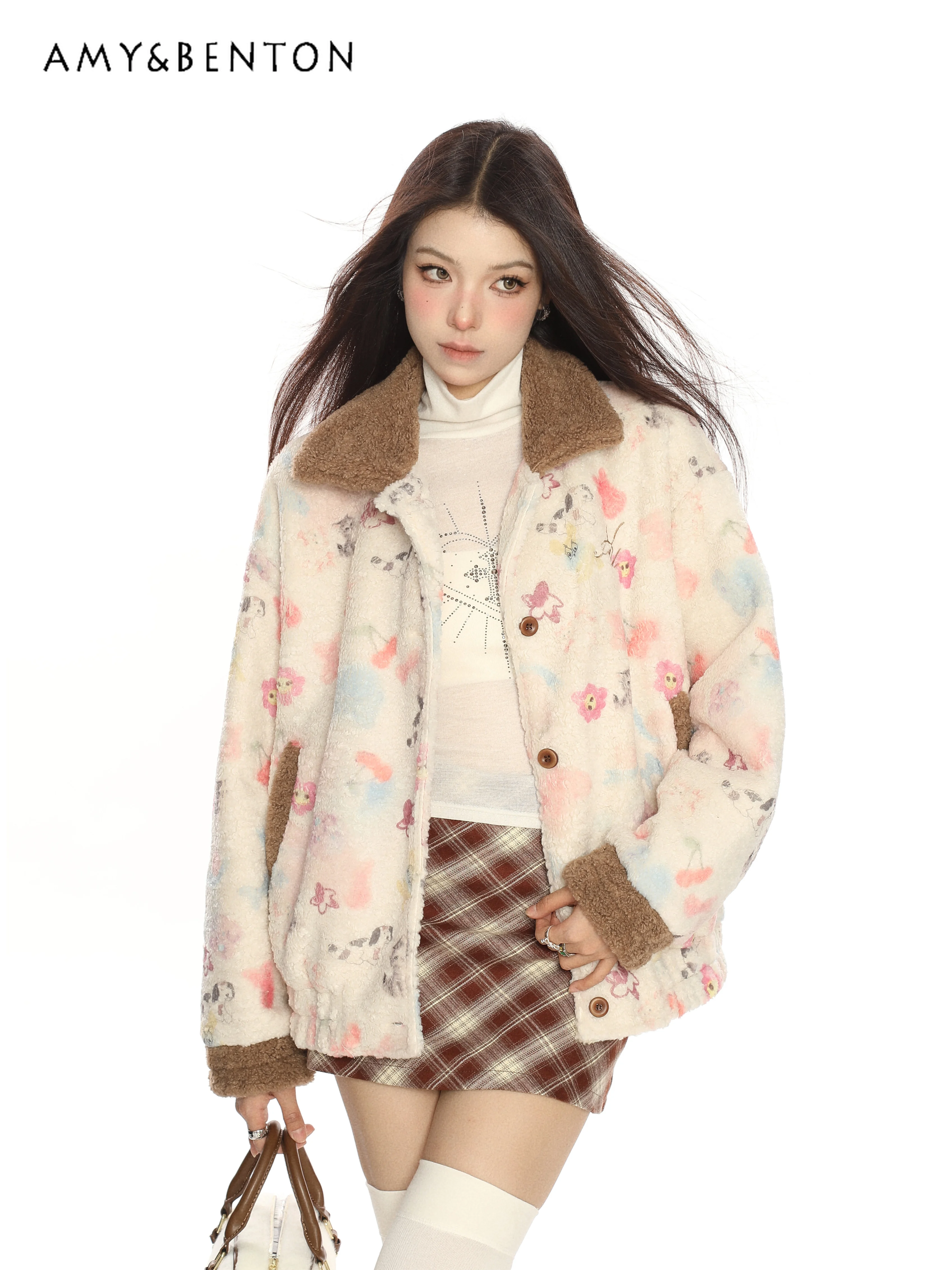 

2025 Autumn Winter New Women's Graffiti Lapel Single-Breasted Apricot Brown Patchwork Casual Daily Slim Lamb Wool Coat