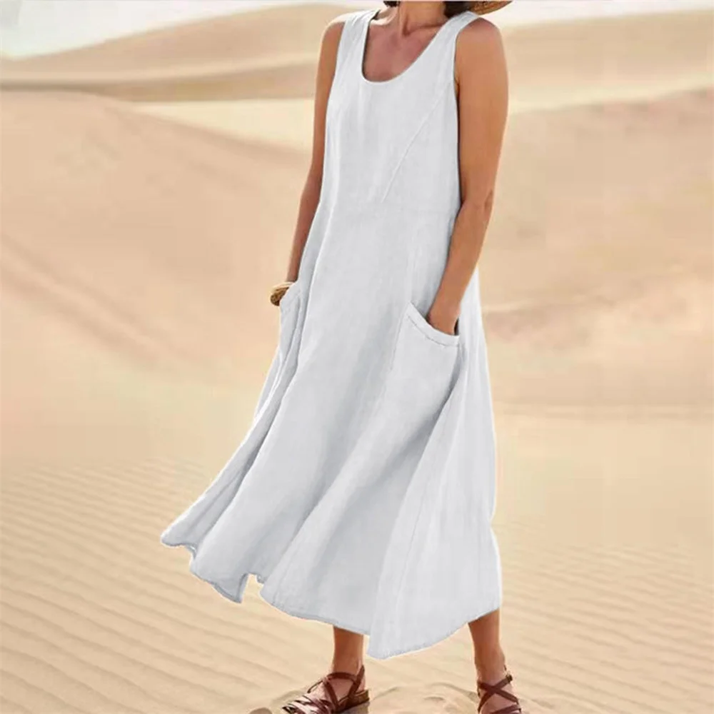 Women\'s Sleeveless Cotton Linen Dress With Pockets Boho Style Beach Tank Dress Summer Coverups Solid Color Loose Fit Nin668