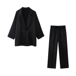 TRAF-سترة بليزر فضفاضة مزدوجة الصدر وبنطال عريض للساق بخصر مرتفع مطاطي ، أطقم نسائية من قطعتين ، أزياء أفضل 12 بدلة رياضية للنساء عشاري مبيعات - No8