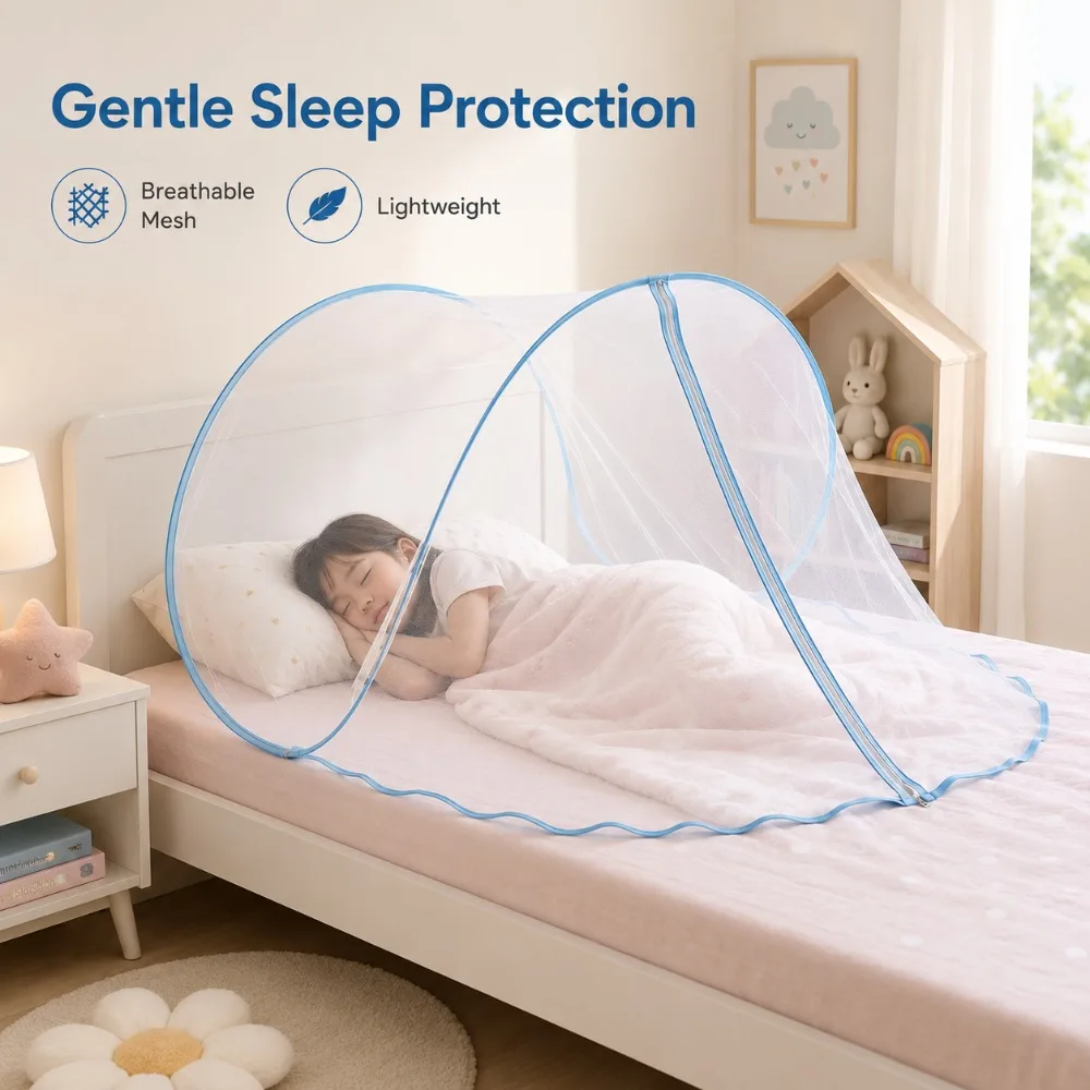 Portable Pop Up Bed Canopy Mosquito Net Foldable Single Sleeping Tent with Zipper Insect Protection for Bedroom Home Daily Use