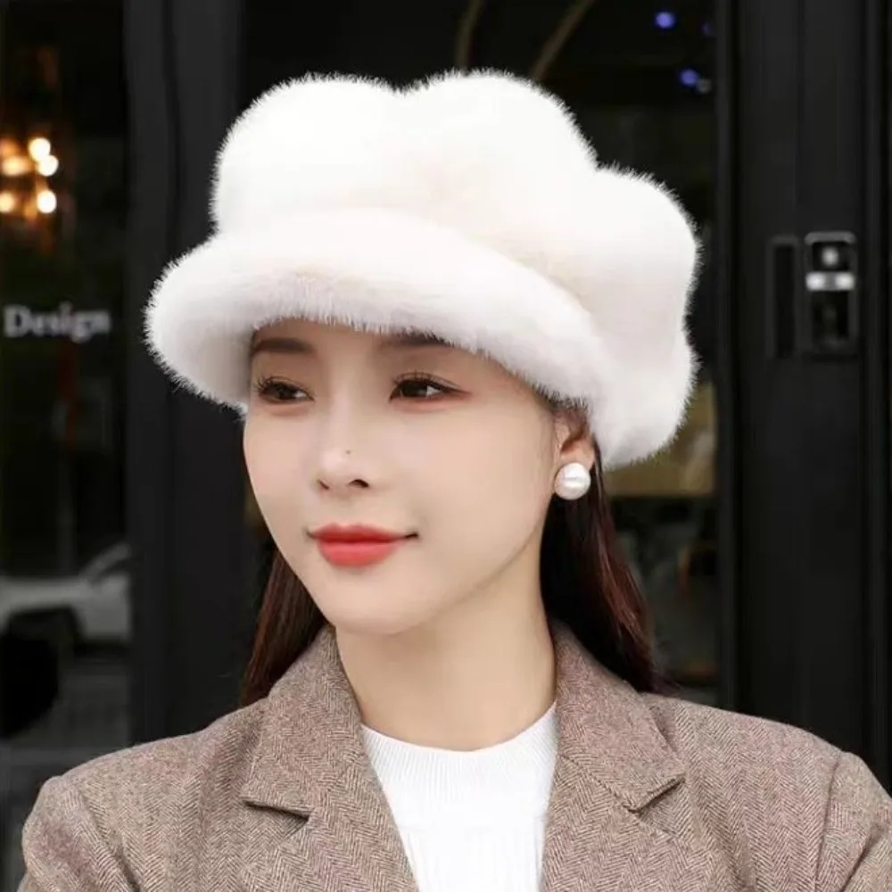 Cute Solid Color Imitation Mink Beret Thick Warm Peaked Cap Lightweight Versatile Cloud Hat Daily