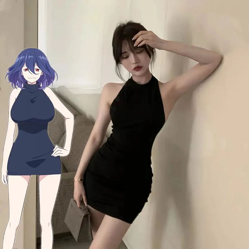 

Anime Vermeil Cosplay Costume Women Sexy Sleeveless Backless Black Dress Ladies Party Club Summer Slim Fit Sling Dress Uniform