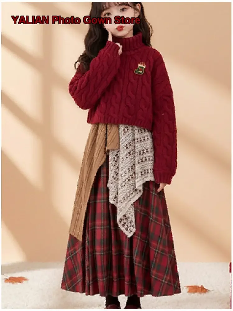 Girls Two-Piece Set Big Kids Winter Elegant Dress Set Solid Color Warm Thickened Older Kids