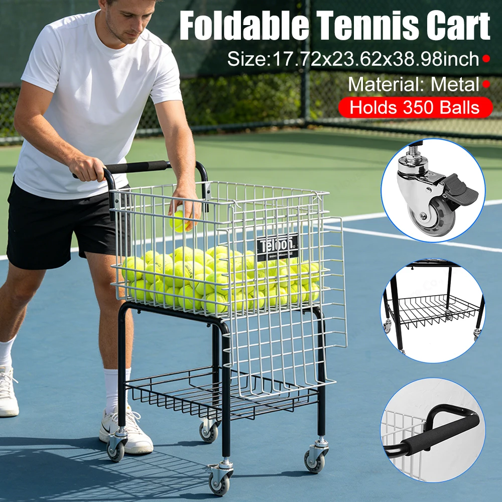 

Корзина для сбора мячей на 350 штук, большая вместимость, портативная, стальная, металлическая, мобильная тележка для тенниса, пиклбола, бейсбола, софтбола