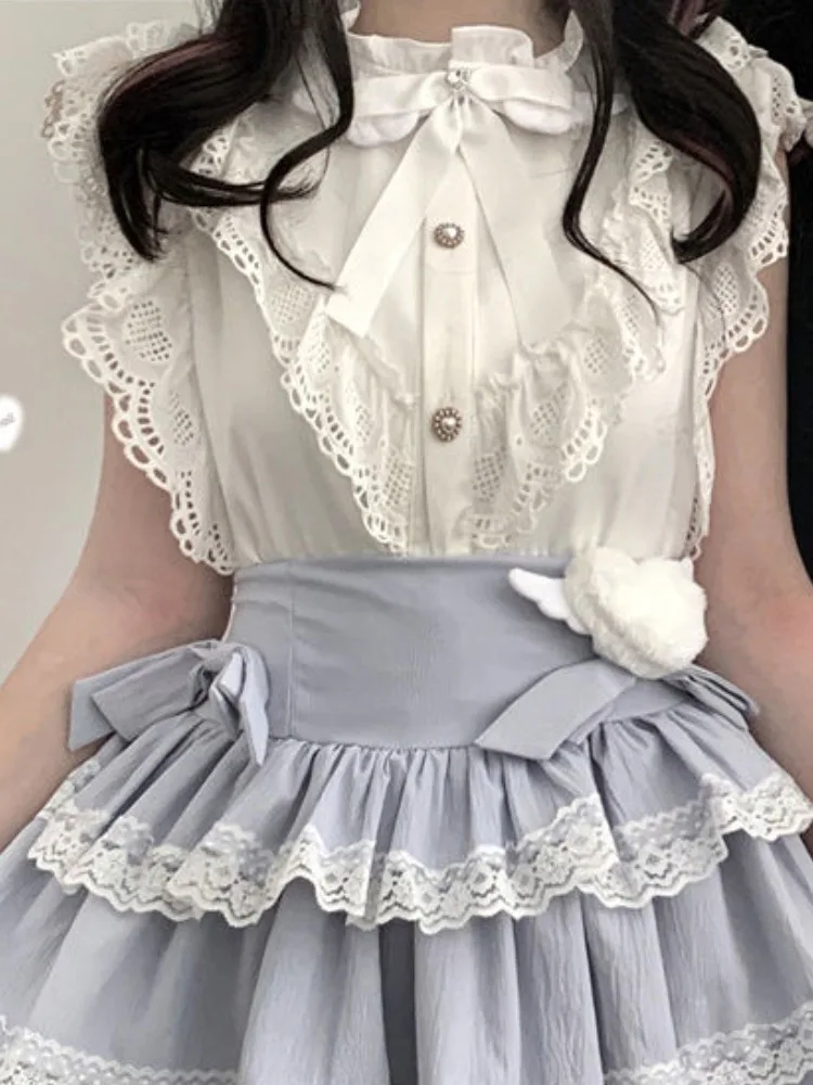 Kawaii Girl Sweet Lolita Flying Sleeve Shirt Y2k Aesthetic Lace Patchwork Blouse Women Japanese Tops Female Elegant JK Bow Blusa