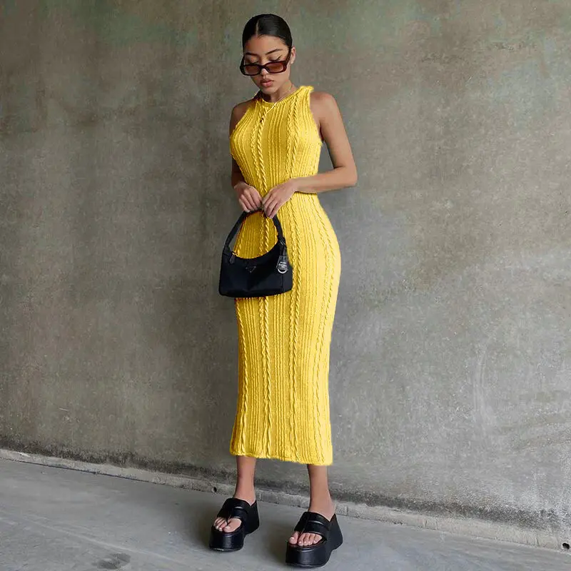 2024 Summer Smart Casual Knotted Knit Sleeveless Crew Neck Temperament Commuter Skirt Calf Length Dress