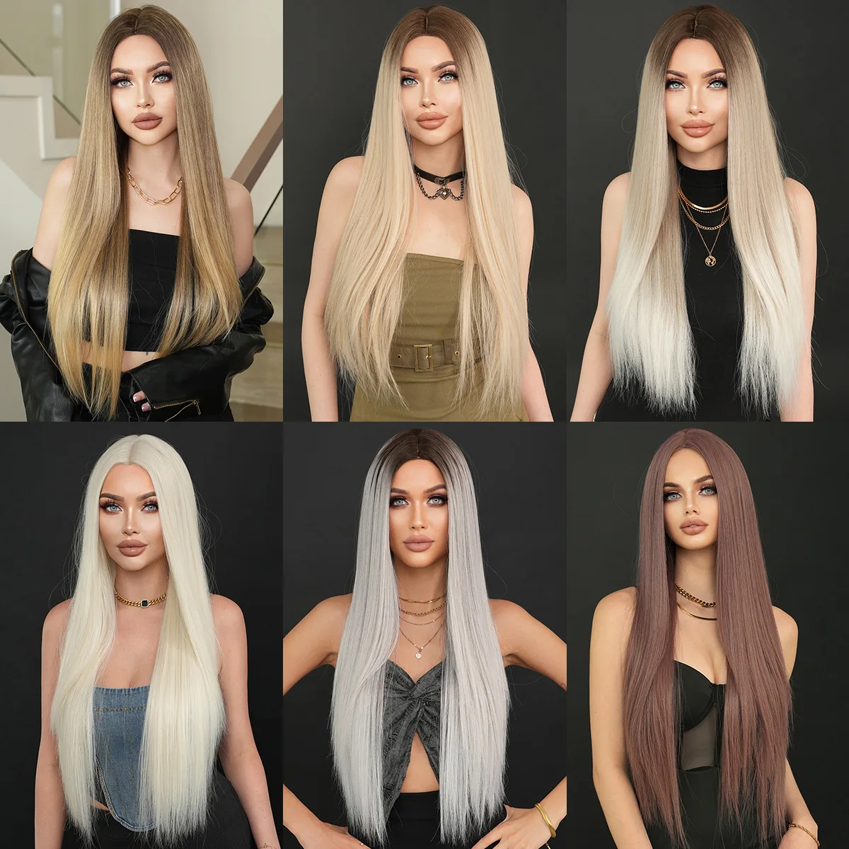 

NEW Style Women's Super Long Middle-Parted Straight Full-Head Wig with Natural Golden Gradient, Synthetic Hair for Black People