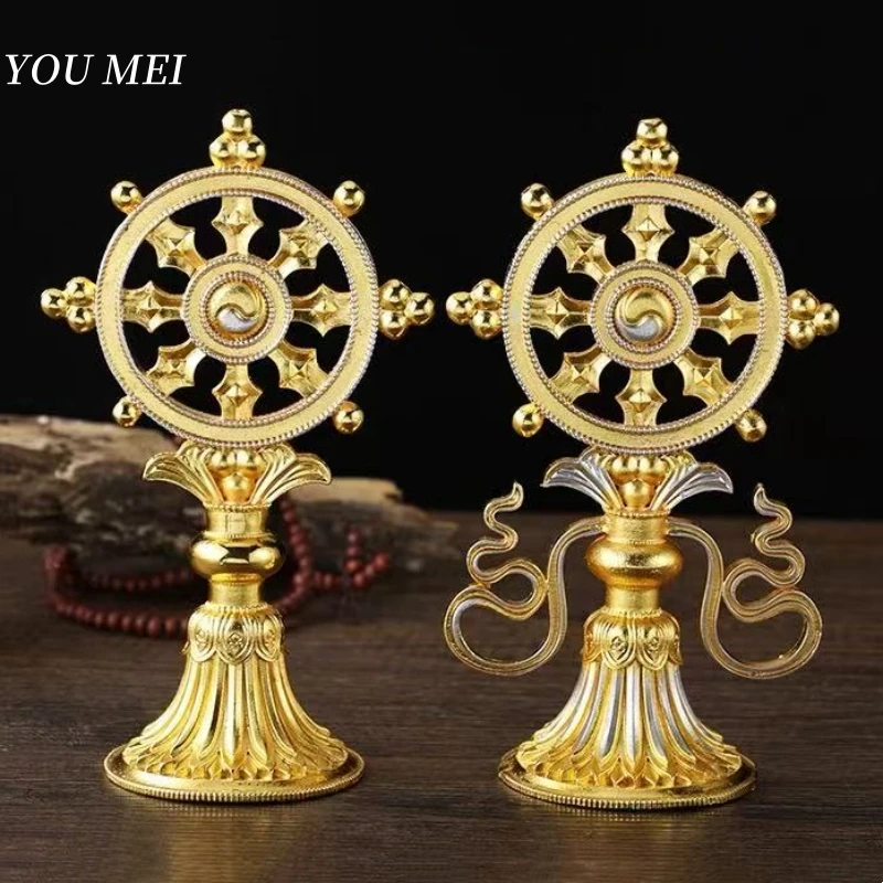

Tibetan Alloy Dharma Wheel,Dharma Wheel King of the Seven TreasuresAltars Desktop Ornament,Tantric Golden Buddhist Item Religiou