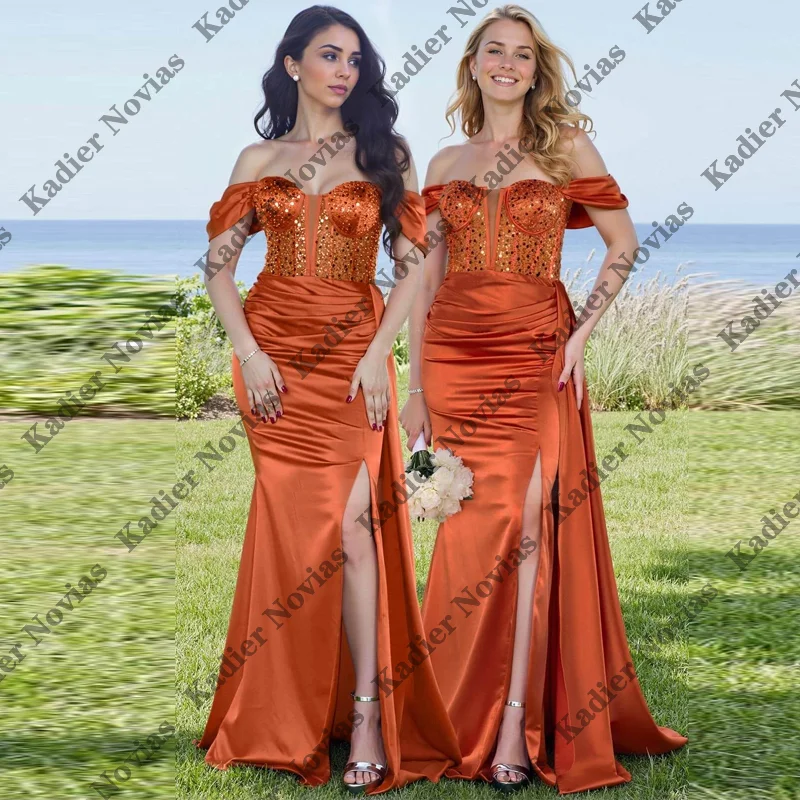 

Long Mermaid Burnt Orange Customized Bridesmaid Dresses with Slit Lace Up Wedding Party Dress robes invitee mariage