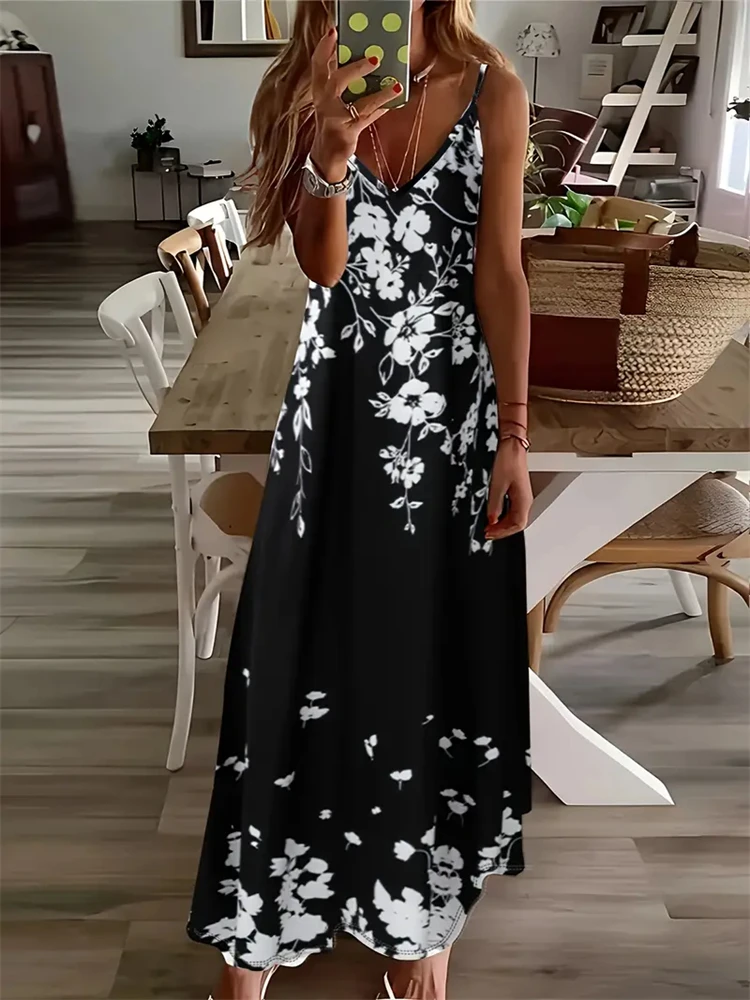 Fashionable Black and White Floral Print Women's Dress Sexy Elegant Sleeveless Halter Dress Summer Ladies Home Casual Nightgown