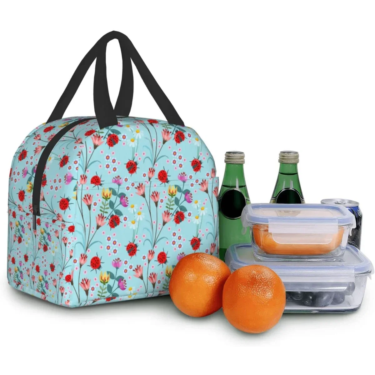 Lady bug with flower Lunch Box Bento Box Insulated Lunch Boxes Reusable Waterproof Lunch Bag With Front Pocket For Office Picnic