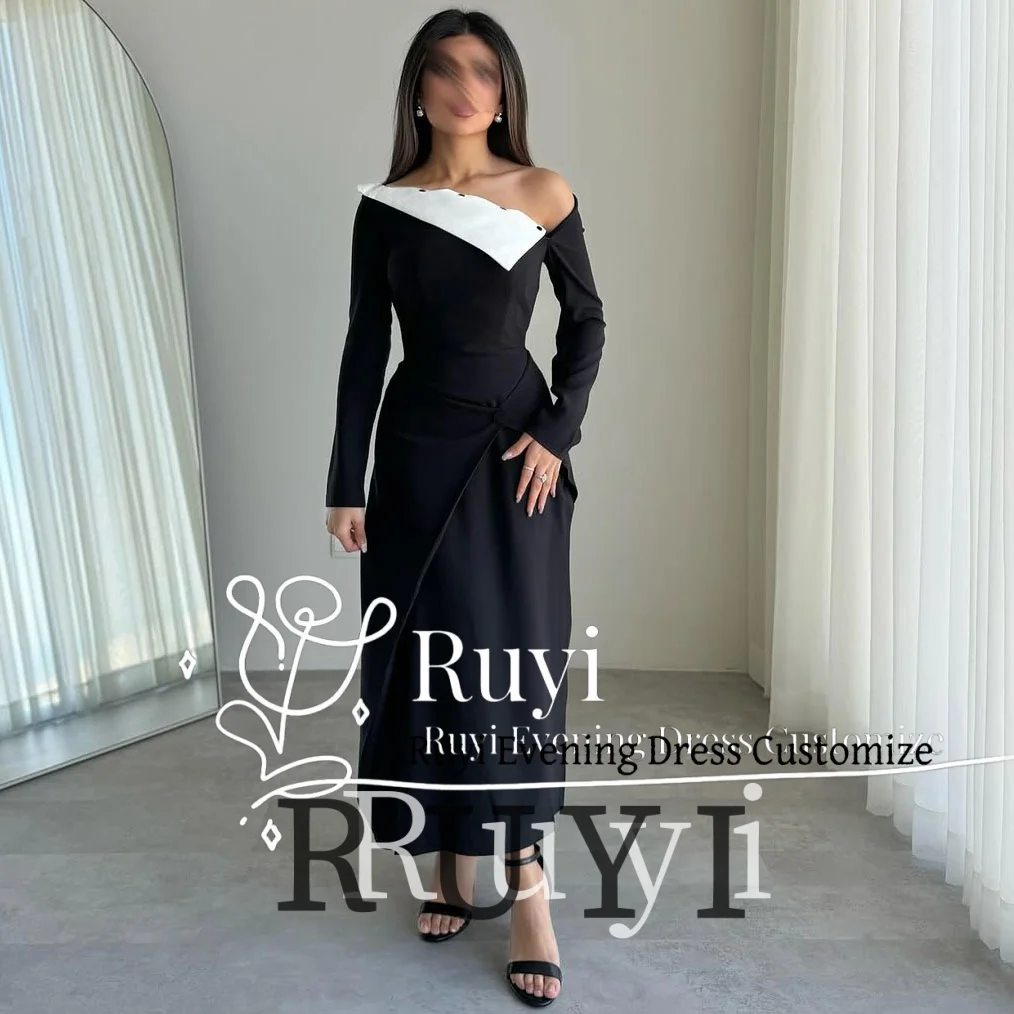 Customized Buttons One-shoulder Modern Evening Dresses 2025 Black White Formal Occasion Party Gown Long Sleeves Prom Dress