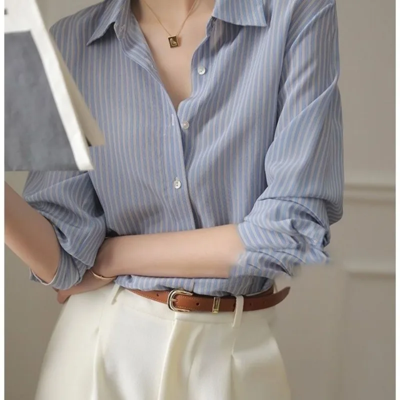 QWEEK Chiffon Striped Long Sleeve Shirt Woman Office Ladies Button Up Blouse Female Summer Korean Old Money Style Aesthetic 2024