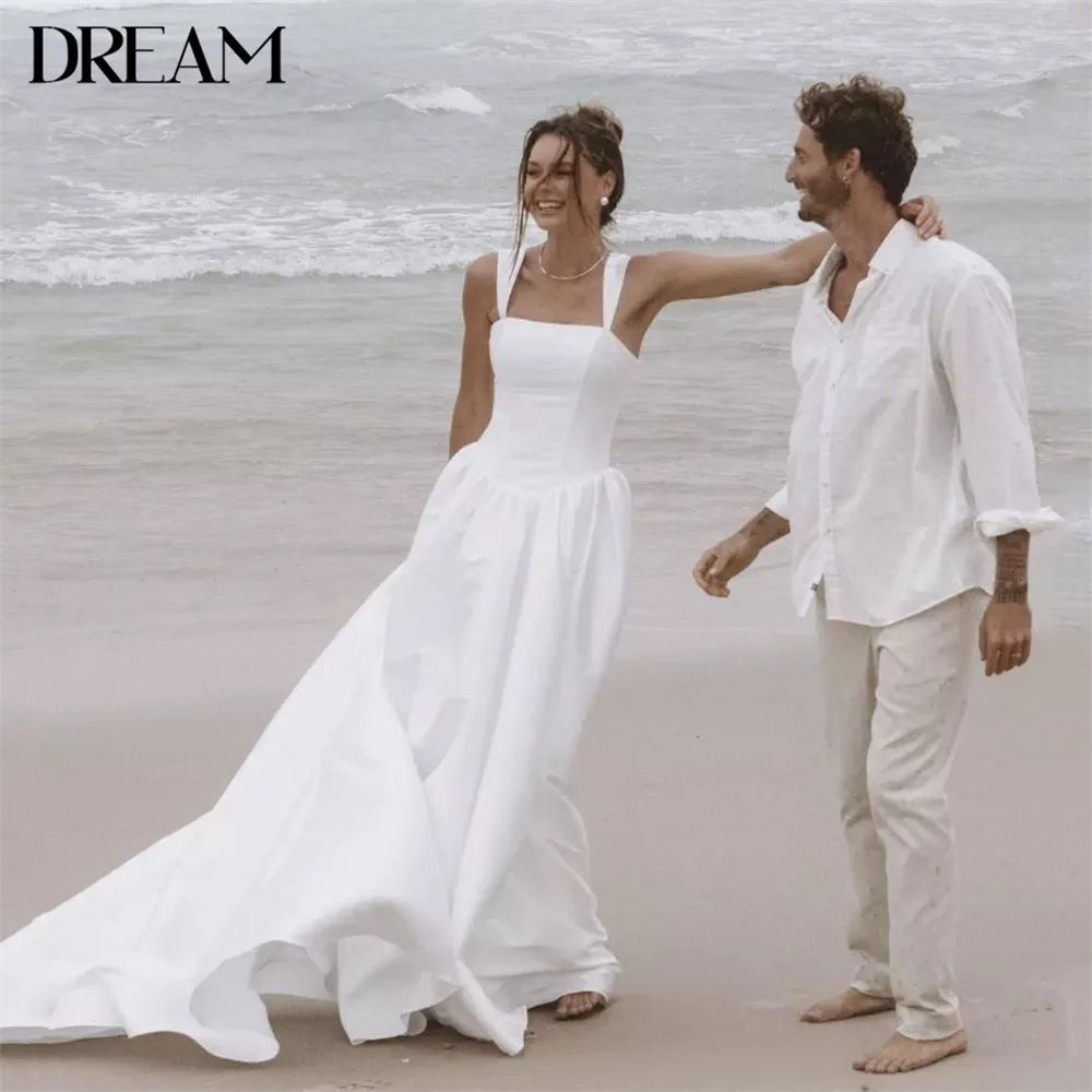 

Elegant A-Line Satin Wedding Dress Spaghetti Straps Square Collar Sleevess Open Back Bridal Gown Vestidos De Novia Customized