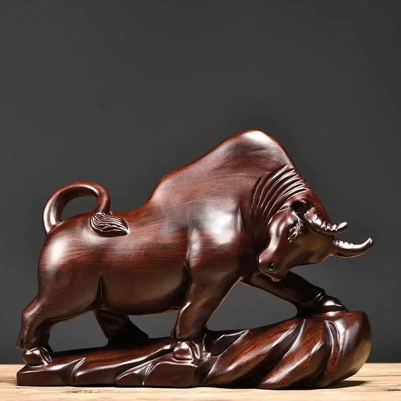 Ebony Wood Carved Ox Figurine Stone Ox Zodiac Desktop Home Office Decor Solid Wood Craft for Housewarming or Opening Gifts