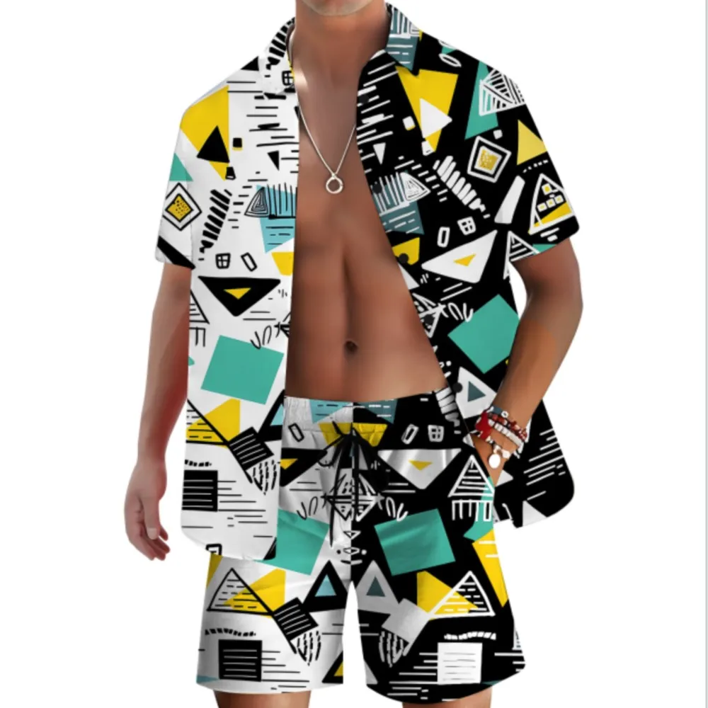 Funny 3D Graffiti Printed Men's Hawaiian Shirt Sets Fashion Lapel Short Sleeve Shirts Shorts Summer Casual Breathable Outfit
