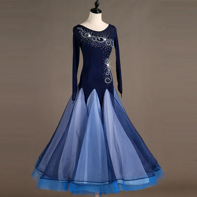 Round neck long sleeve big swing dance dress with scroll rhinestone patterns on upper body,suitable for ballroom dance competiti
