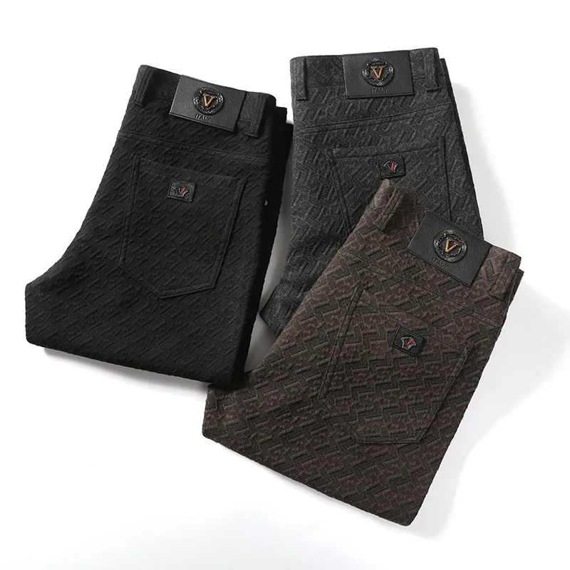 

Вязаные утепленные мужские повседневные брюки прямого кроя на резинке для осени и зимы, модные деловые повседневные длинные брюки