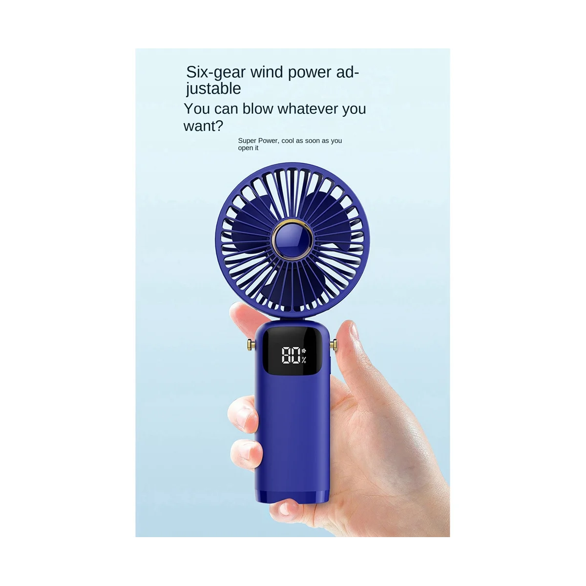 3000MAh Summer Handheld Fan Portable Folding Fan USB Charging High Wind Power Fan with LED Screen for Student Blue