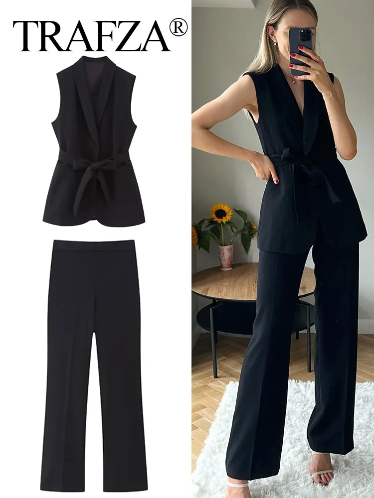 

TRAFZA Women's Elegant Black Fashion Sexy V Neck Slim Suit Vest Belt Waistcoats Top Woman Outwear ＋Side Zipper High Waist Pants