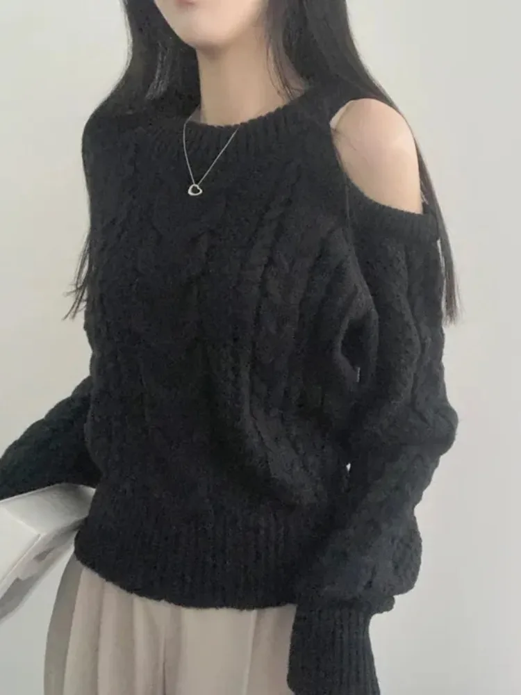 

Chic Korean Sle round Ne Design oulder Bared Knitted Sweater Loose Versatile Women's Top for Autumn Winter Season