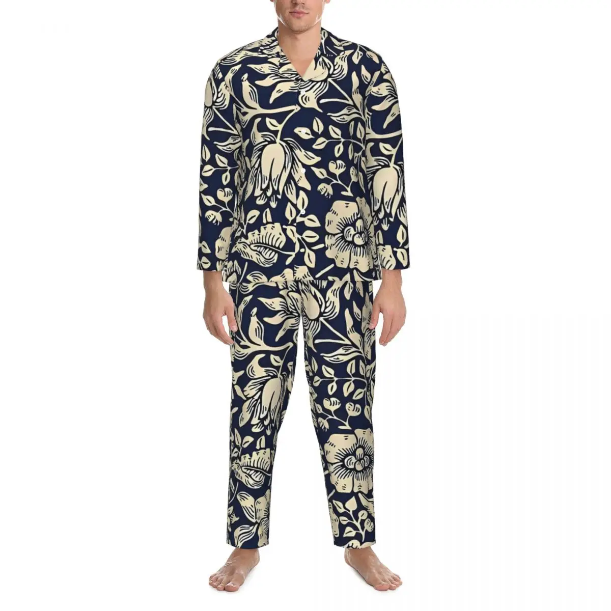 Art Nouveau Pajamas Set Autumn William Morris Blue Floral Kawaii Room Sleepwear Couple 2 Pieces Oversized Design Nightwear