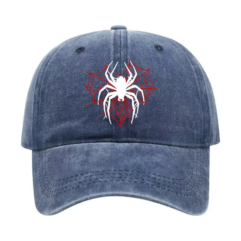 Washed Distressed Printed Baseball Cap-Match Hot Selling Spider Print Washed Distressed Soft Top Sun Hat Men Women Practical