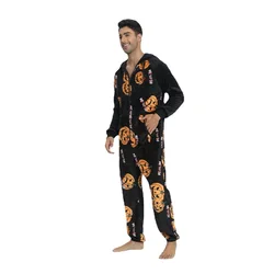 Halloween esqueleto impressão Onesies para homens, pijama com capuz, pijamas anime, trajes cosplay, trajes pretos, 2024