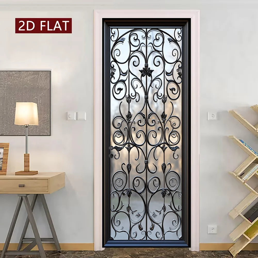 1 pair of gorgeous iron pattern self-adhesive door stickers, modern self-adhesive wall art stickers, elegant design door wall st