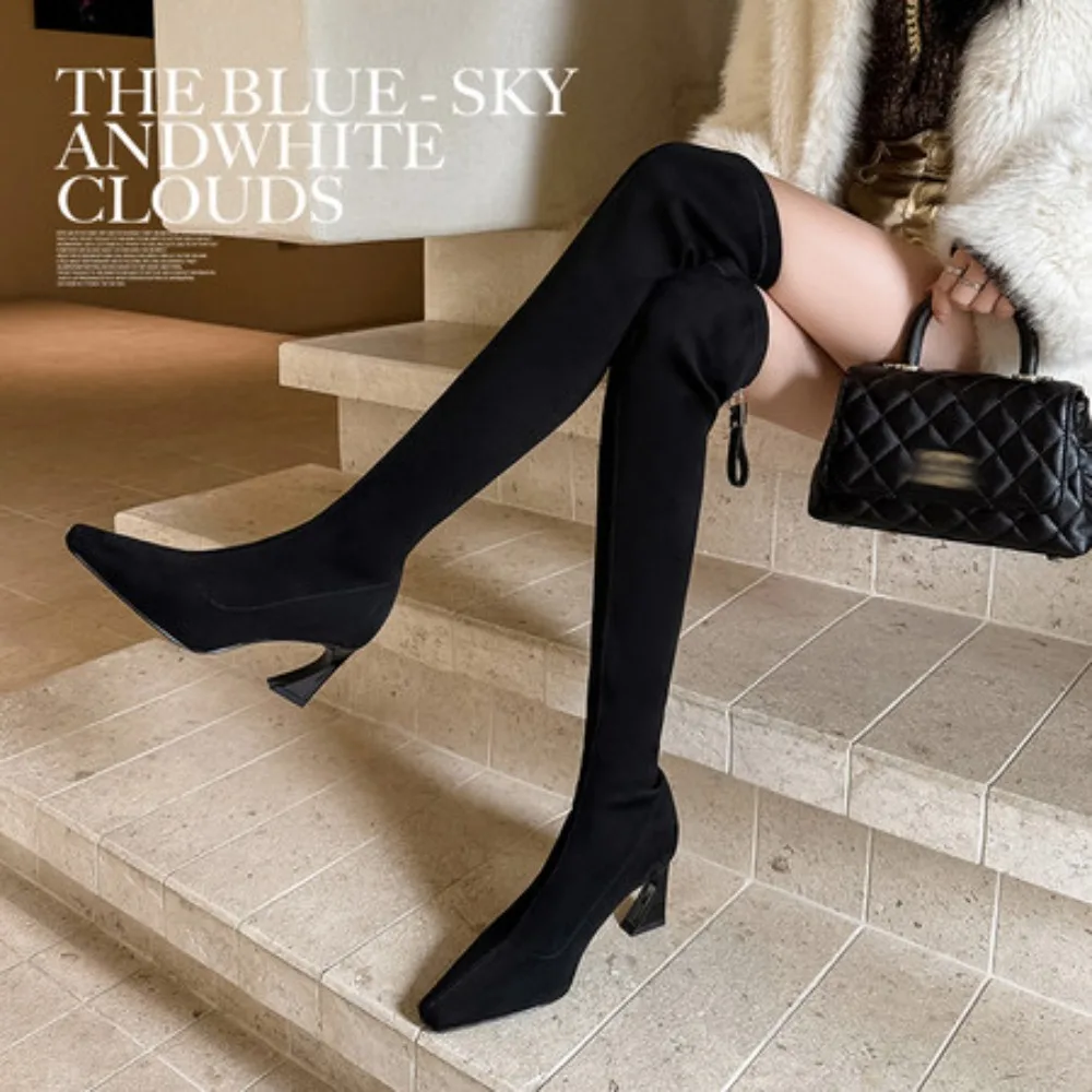 

Эластичные женские сапоги выше колена, длинные сапоги до бедра из флока, женская осенняя обувь, черные, большой размер 40,