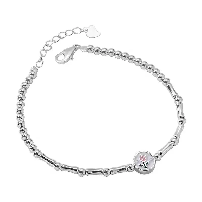 925 Sterling Silver Lovely Tulip Bracelet Korean Version Fashionable Exquisite Beaded Design Sweet Jewelry Gift for Women