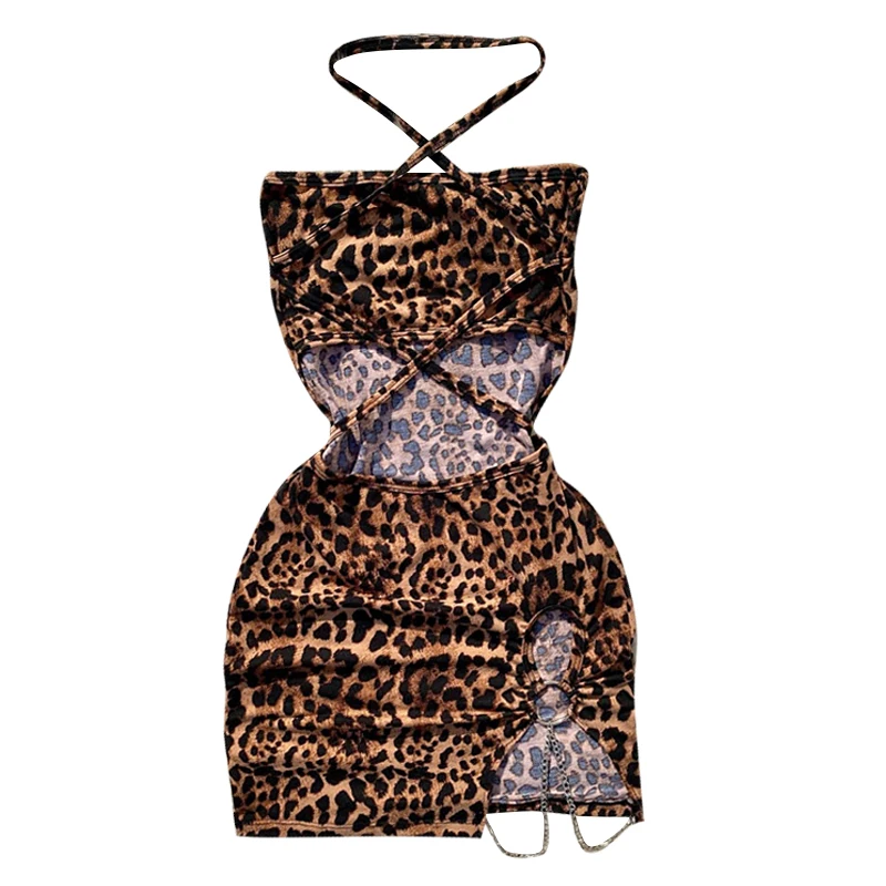 

Ladies Hanging Neck Sling Sexy Mini Dress Fashion Irregular Split Sexy Leopard Dress Ladies Elegant Club Party Dress In Summer