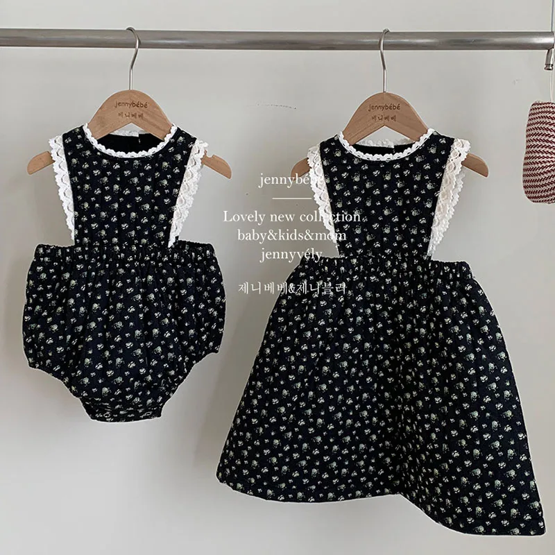 2024 New Winter Sister Clothes 2-6Yrs Girl Party Dress Sleeveless Print Thicken Warm Kids Princess Dresses Baby Girl Romper
